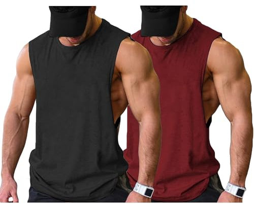 COOFANDY Männer Gym Tanktop Athletic Workout Muskel Bodybuilding Ärmelloses T-Shirt Schwarz Rot 2 Stück M