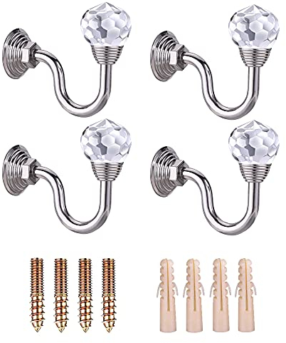 Belvanr Kristall Vorhanghalter 4 Stück Kristall Wand Montiert Vorhang Holdbacks Metall Vorhang Raffhalter Haken Wand Montage Haken Vorhang Raffhalter Wandhakenfür Rückhalte Gardinen,Silber