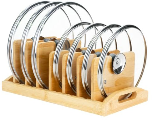 1PC Organizador de Bambú para Tapas de Ollas, TIE-DailyNec Soporte de Madera para Tapas de Sartenes con 7 Separadores Extraíbles para Platos, Tapas de Ollas, Tablas de Cortar, Sartenes
