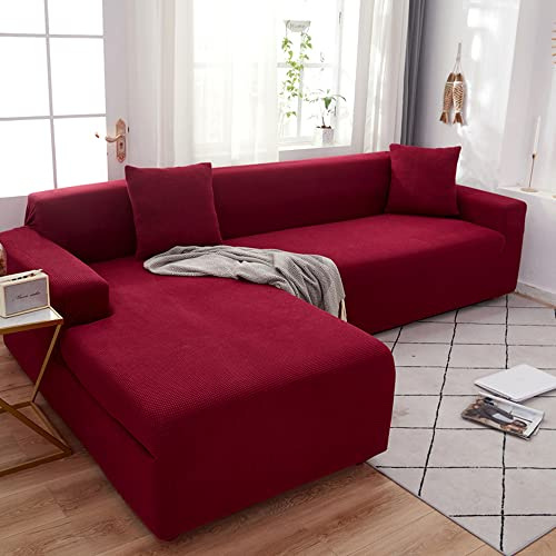 OKJK Sofabezüge für Ledersofa wasserdichte elastische weiche Bequeme Stoffe Sofa überzug, Sofabezug l Form Mode Vollpaket, Geeignet für die meisten Sofas,Red Wine,2-seat 145-185cm