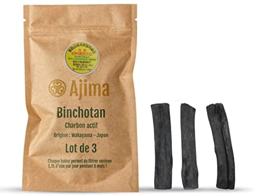 Ajima Binchotan Charbon Actif Eau - Baton de Charbon Bio Purificateur d'Eau Naturel x3 - Chaque Baton Filtre Environ 1.5 L - Charbon de Chêne de Wakayama Vrai - Idéal pour Filtrer l'Eau en Carafe