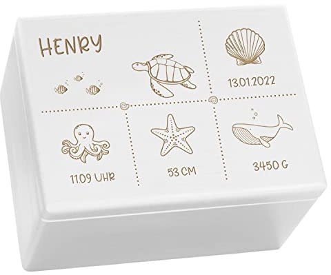 Kekskrone personalisierte Holzkiste mit Deckel - Ocean Serie - Weiß - ca. 40 x 30 x 24 cm - personalisierte Geschenke Baby - Aufbewahrungsbox Kinder - Taufgeschenke für Mädchen, FSC®