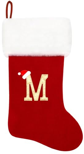 Eoocan 20 Inches Monogram Christmas Stockings Red Velvet with White Super Soft Plush Cuff Embroidered Xmas Stockings Classic Personalized Stocking Decorations for Family Holiday Season Decor(Letter M)