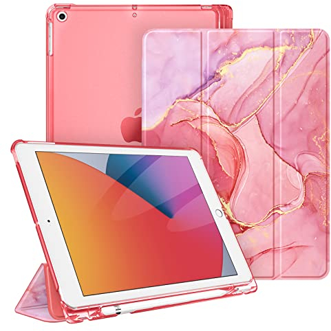 Fintie Hülle für iPad 9. Generation 2021/8. Gen 2020/7. Gen 2019 10.2 Zoll mit Stifthalter, ultradünne leichte Schutzhülle mit transparenter Rückseite und Auto Schlaf/Wach Funktion, Marmor Rot