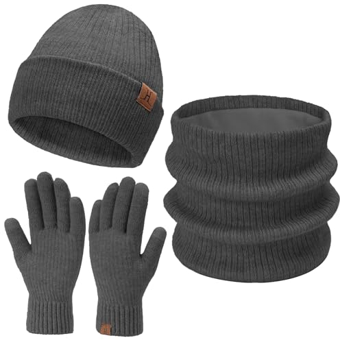 Damen Herren Winter Warm Beanie Mütze Loop Schal Schlauchschal Touchscreen Handschuhe Set mit Fleece Gefütterte Wintermütze Strickmütze Mützen Frauen Geschenk Weihnachten, (3 Stück) Dunkelgrau