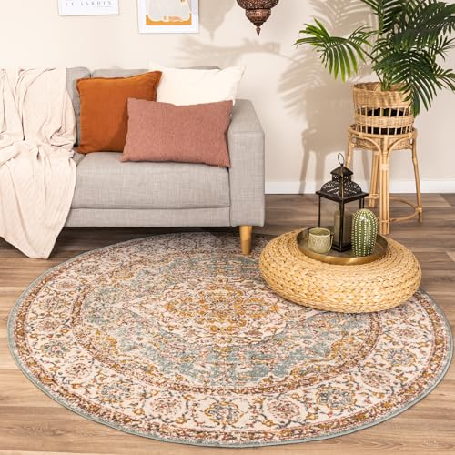 FRAAI | Home & Living Teppich Vintage Rund - Thirza Medaillon Hellblau Bunt - Polyester - Kurzflor - Vintage - Boho, Orientalisch, Wohnzimmer, Esszimmer, Schlafzimmer - Carpet