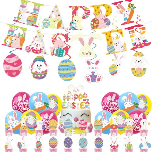 44Pcs Easter Party Supplies with 2Pcs Happy Easter Banners,24Pcs Easter Cake Cupcake Toppers,12P Easter Balloons,6P Easter Swirls for Easter Egg Bunny Themed Party Decorations