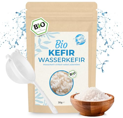 Curly Superfood Wasserkefir Kristalle Bio 30g - Besonders einfach frischen Wasserkefir herstellen (unendlich viel) inkl. Erfolgsgarantie & Anleitung - Kefir Kristalle + Plastiksieb