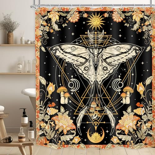 LGhtyro Motten-Mondphasen-Duschvorhang, Gothic-Stil, Badezimmer-Set, Feen-Pilz, Vintage-Stern, botanisches Blumenmuster, buntes Tarot-Design, Retro-Blumenkunst, Heimdekoration, 12 Haken