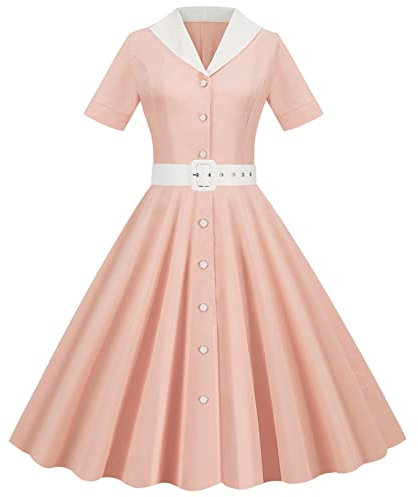 Womens Vintage Rockabilly Dress 1950s A Line Swing Cocktail Party Dress Plain Button Short Sleeve Retro Dresses Swing Flowy Tea Dress Audrey Hepburn 50s 60s Dance Gown with Belted Pink