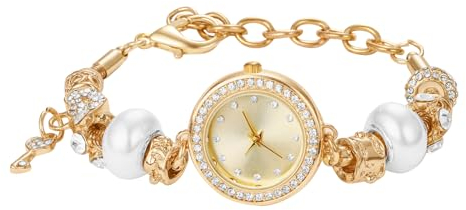 JewelryWe Damenuhr Glitzer Uhren Damen: Gold Bling Zirkonia Perlen Analog Quarz Armbanduhr Verstellbar Metallarmband Klein Schmal Lässige Uhr mit Schlüssel Anhänger Geschenk für Frau Mädchen