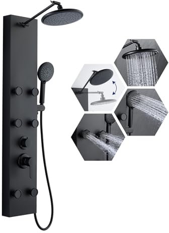 ROVATE Shower Panel Tower System with Adjustable Rainfall Shower Head, Matte Black Shower Tower with 6 Body Massage Jets and 5 Functions Handheld Shower, Stainless Steel Shower Column Wall Mounted