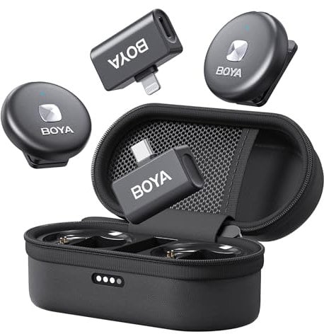 BOYA OMIC Micrófono inalámbrico para iPhone, Android con Lightning, enchufe USB-C, cancelación de ruido, duración de la batería de 15 horas, alcance de 164 pies, grabación de video de micrófono de