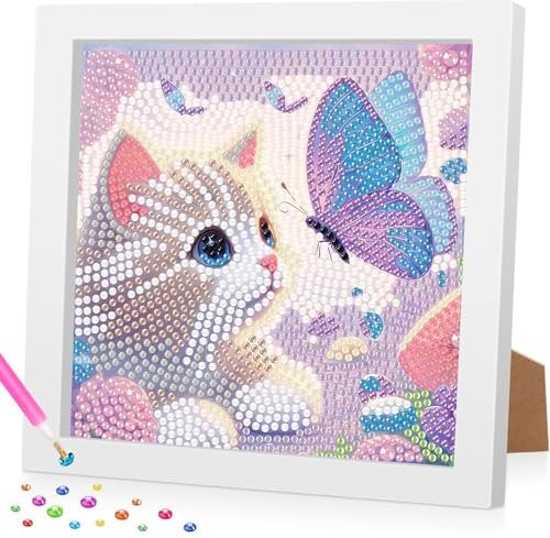 Diamond Painting Kinder mit Rahmen, 5D Kat Diamant Painting Bilder Kinder, DlY Cartoon Diamond Painting Set, Geeignet für dieMobeldekoration 18x18cm