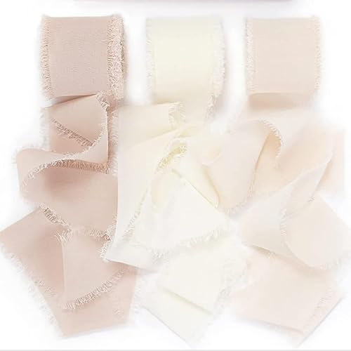 3 Rollen chiffonband, 4cm*5m Geschenkband, Handgemachtes Schleifenband Ausgefranste Kanten, Elegantes Seidenband für Blumensträuße, Hochzeitseinladungen, Bastelarbeiten, Geschenkband Hochzeit (Beige)