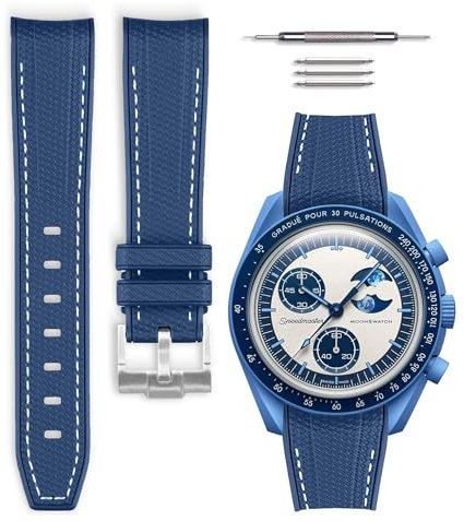 HORACE Bracelet de montre caoutchouc compatible avec Omega x Swatch MoonSwatch 20mm (Bleu/Couture Blanche - Argent)