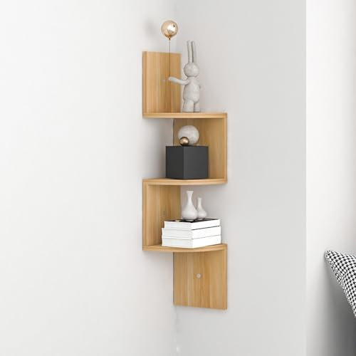 Generisch Eckwandregale Mit 3 Ebenen, Mehrschichtiges Wand-Eckregal, Schwebendes Wandregal in Zickzack-Form Für Küche Schlafzimmer Wohnzimmer Arbeitszimmer(Wood Color)