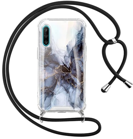 Oelrstfe Coque pour Huawei P30 Lite/Nova 4e avec Cordon de Collier,Transparent Paillette Marbre Motif Silicone Étui Housse,Aesthetic Glitter Antichoc Anti-Chute Lanyard Bandoulière Case,Noir