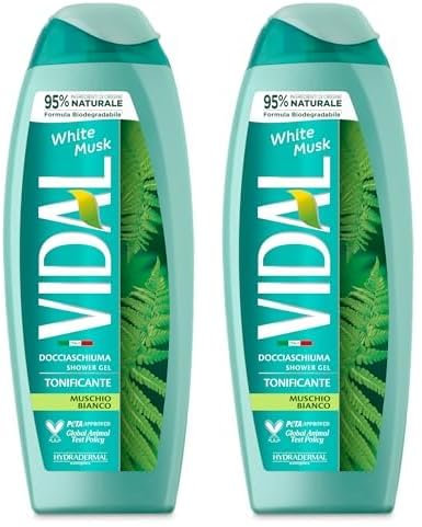 Vidal - Docciaschiuma White Musk, Formula Tonificante, Fragranza Muschio Bianco, Dermatologicamente Testato, 250ml (Confezione da 2)