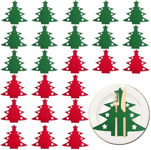 OTKARXUS Christmas Cutlery Holders,24Pcs Xmas-Tree Shaped Christmas Silverware Holder,Felt Red & Green Christmas Knife and Fork Holder for Christmas Party Dinner Table Decorations
