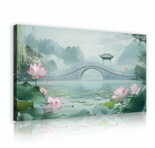 Extra groß Schöne Bergblick Leinwand Kunst Seerose Lotus Teich Pavillon Wandkunst Leinwanddrucke für Schlafzimmer Esszimmer Lobby Raum Dekor 30x50cm Innenrahmen