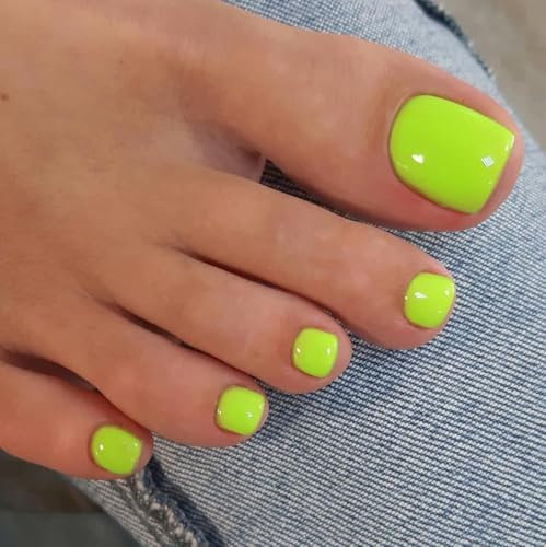 SXVME Neon Green Press on Toes Nails Short Square, Solid Color Fake Toe Nails Glue on, Toe Press on Nails for Women, Summer Glossy Solid Gel ToeNails Acrylic for Decoration 24 Pcs