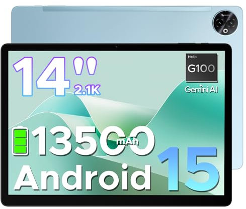 DOOGEE Tab E3 Max 2.1K Tablet 14 Pollici, 32GB+256GB(2TB TF), 13500mAh Batteria Tablet Android 15, MTK G100 Octa-Core Gaming Tablets, Dual SIM 4G LTE+5G WiFi, 16MP/BT5.2/3.5MM/GMS/4 Speakers, Blu