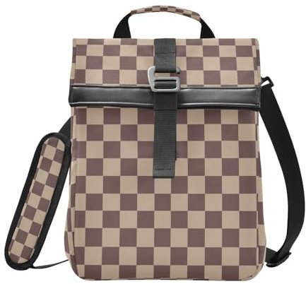 Lonchera aislada con parte superior enrollable para mujeres y hombres, tablero de ajedrez marrón, una lonchera plegable con tapa enrollable, bolsa térmica reutilizable con correa para el hombro
