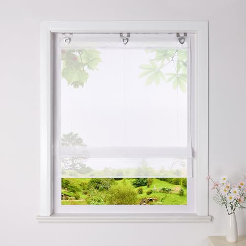 Heichkell Voile Raffrollo ohne Bohren Transparente Raffgardine mit U-Haken Unifarbiges modernes Ösenrollo Weiß H*B 130 * 120cm
