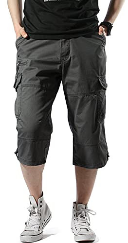Misfuso Short Bermuda Homme Cargo, Taille Élastique, Pantalon Casual en Coton avec Ceinture Gris foncé M