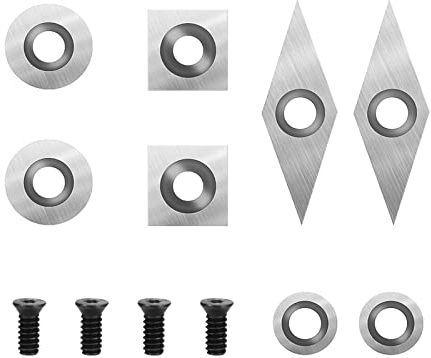 OUGPIU 8 TeiligesHartmetall Wendeschneidplatten Set für Drehmeißel,Einschließlich 11mm Quadratisch mit Radius,12mm und 8,9mm rund,30x10mm Diamant mit Spitzer Spitze,Geliefert mit 4 M4 Schrauben