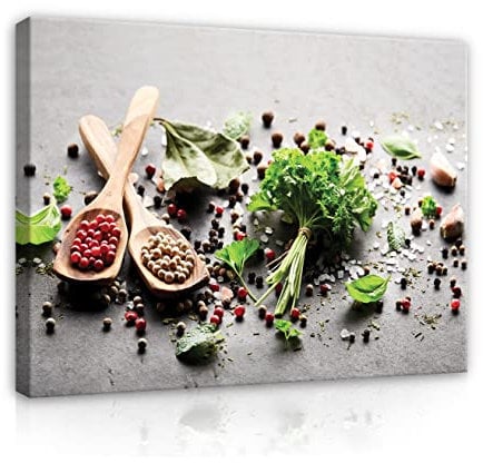 WallArena - Leinwand Bilder - Küche Gewürz Kräuter Essen Esszimmer - 120x80 cm Leinwandbilder - Bild auf leinwand - Wandbild XXL groß Wandbilder für Wohnzimmer Schlafzimmer Wohnzimmerbilder Modern