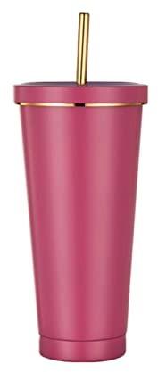 HUIEYE 750ML Gobelet Isotherme Avec Paille et Couvercle, Tasse à café en Acier Inoxydable,Réutilisable Tasses Isothermes Pailles et Brosse Nettoyage,Tasse à Café pour Boissons Chaudes Glacées(Rouge)