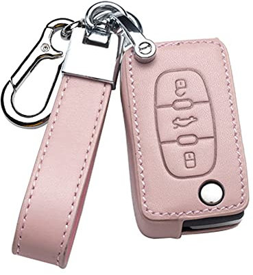 HIBEYO Coque de clé de Voiture Compatible avec Peugeot 207 307 407 Étui de Protection en Cuir pour Citroën Grand Picasso C2 C3 Berlingo Porte-clés 3 Boutons Rose