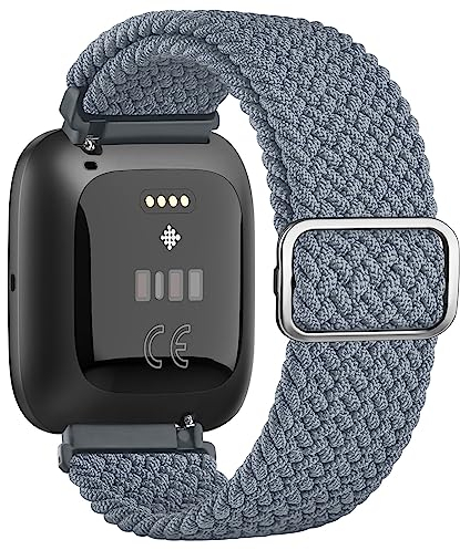 Tobfit Geflochtenes Elastic Sport Armband für Fitbit Versa 2/Versa/Versa Lite/SE - Dehnbares Ersatzarmband für Herren und Damen (Blau Grau)