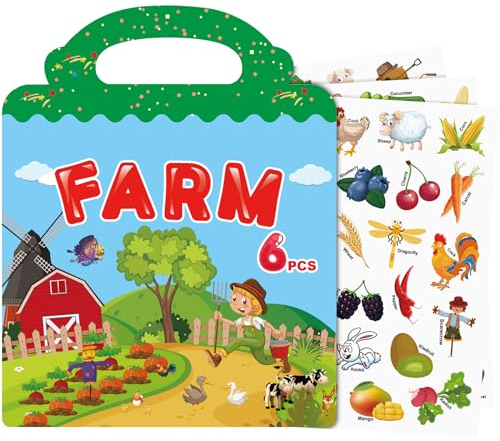 Wiederverwendbare Stickerbuch, Sticker Book für Kinder, 6 Blätter Bauernhof Stickerbücher für 3 4 5 6 Jahre Jungen Mädchen Kleinkinder, 3D Klare Sticker für Lernspielzeug Geschenke