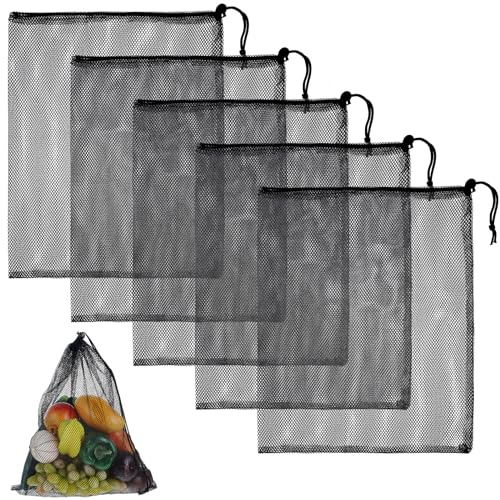 simarro 5 Stück 35X45cm Netztaschen, Schwarze Nylon Netztaschen mit Kordelzug und Clips Weich Netzbeutel Klein Aufbewahrungstaschen für Spielzeug Sport Aufbewahrung