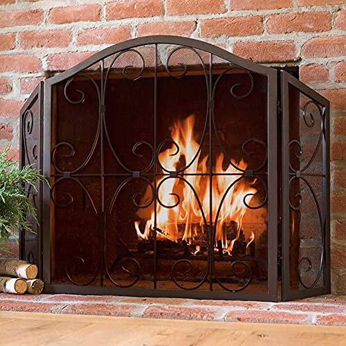 Fireplace Screen Guard, Protector de Fuego de Chimenea Vintage con Rejilla Fina, Pantalla de Fuego Envolvente Independiente de 3 Pliegues, para Fuego Abierto/Fuego de Gas/Quemador de leña
