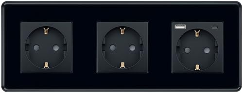 TAWOIA Prise Schuko, prise standard UE 3 prises avec interface de charge rapide USB de 20 W (max 4 A) avec plaque en verre incurvé 2,5D, prises murales noires 86 x 228 mm