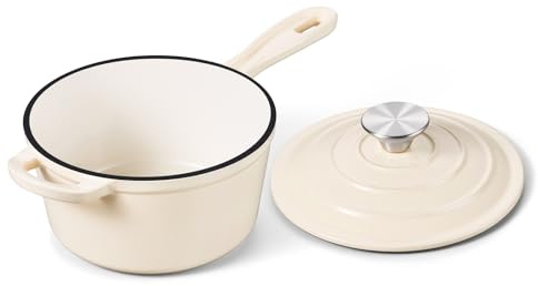 Onader Enameled Cast Iron Sauce Pan, 1QT Small Saucepan with Lid, Cast Iron Sauce Pot, Enamel Dutch Oven, Nonstick & Heavy Duty – Cream White