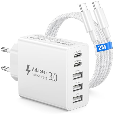 Cargador USB C, 50W 5-Puertos USBC Enchufe Cargador iPhone Carga Rapida, Múltiple Cargadors QC+PD Rápido Pared Adaptador Tipo C para iPhone 17/16/15/14/13/12/11/X/8, Tablets, Samsung Galaxy 26 Ultra