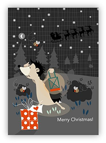 Nette Weihnachtskarte mit Igel und Weihnachts Schlitten: Merry Christmas • als hübsche Klappkarte zu Weihnachten, Jahres-Ende für Familie und Firma