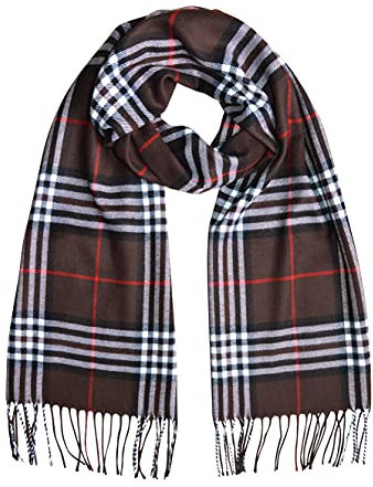 thb Richter Damen/Herren Karoschal klassisch langer Schal Kariert Schals Tücher mit Fransen weich Soft Scarf (Braun)
