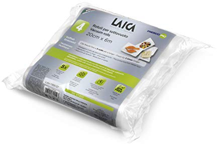 LAICA Vakuumbeutel – 4 Rollen (20x600 cm), BPA-frei, Lebensmittelqualität, Für Vakuumiergeräte, Kühlschrank-, Gefrierschrank- und Sous-Vide-geeignet