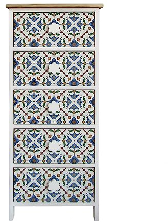Rebecca Mobili Kommode Platzsparend, Badezimmerschrank 5 Schubladen, Hellblau Weißes Holz, Feinkeramik-Motiv, Für Wohnzimmer - Maße: 93 x 40 x 30 cm (HxLxB) - Art. RE6498