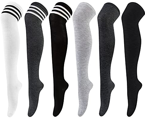 Chalier Cozy 6 Paar Kniestrümpfe Overknee Strümpfe Damen Lange Gestreifte Socken Thigh High Socks Beinwärmer Schenkel Socken für Mädchen