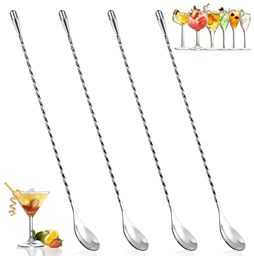 Cocktails Mixing Spoon, 4 PCS Stainless Steel Bar Spoons, 30CM Long Handle Spoons Bartending Spoon, Drink Stirrer Bar, with Spiral Pattern, Silver