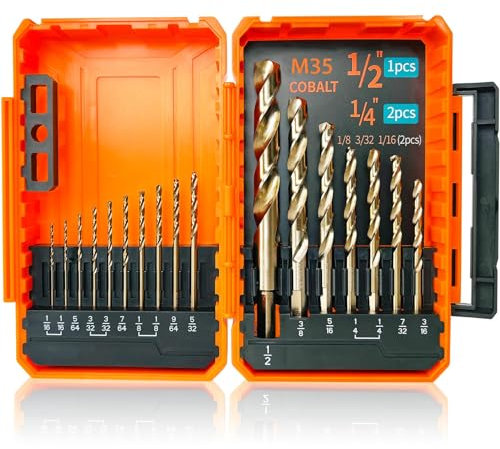 STROTON Cobalt Bohrer-Set (1/16-1/2 Zoll, 17 Stück), M35 Hochgeschwindigkeitsstahl-Spiralbohrer für Edelstahl, Hartmetall, Gusseisen, Kunststoff und Holz