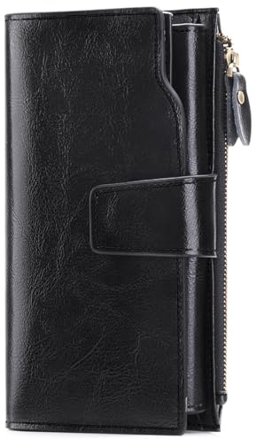SENDEFN Ladies Purse,Large Capacity Genuine Leather Women's Wallet with Multiple Card Slots Black