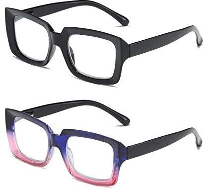 MMOWW 2 Pacco Occhiali da Lettura Donna Rettangolari - Oversize Square Frame Anti Luce Blu Occhiali(nero + blu e viola, +2.0